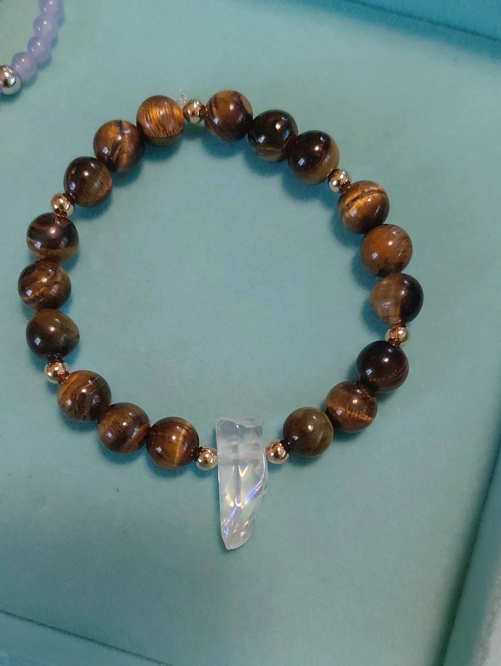 Tiger Eye Beaded Stretch Bracelet with Clear Aura Quartz